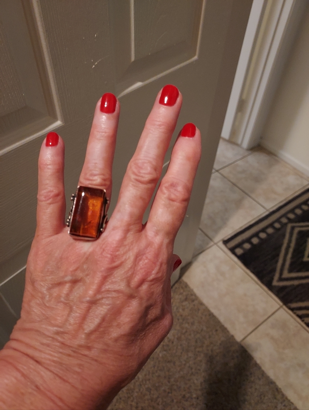 Amber Rectangular Ring with Antique Sterling Silver Band